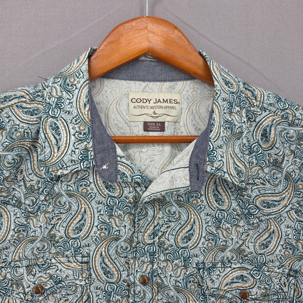 Cody James Mens XL Paisley Western Short Sleeve Button Down Shirt Teal Tan